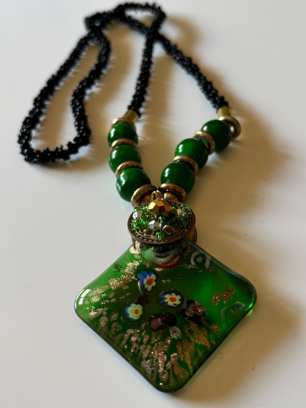 Green Art Glass Millefiori Pendant Necklace Black Seed Beads Gold Tone Statement